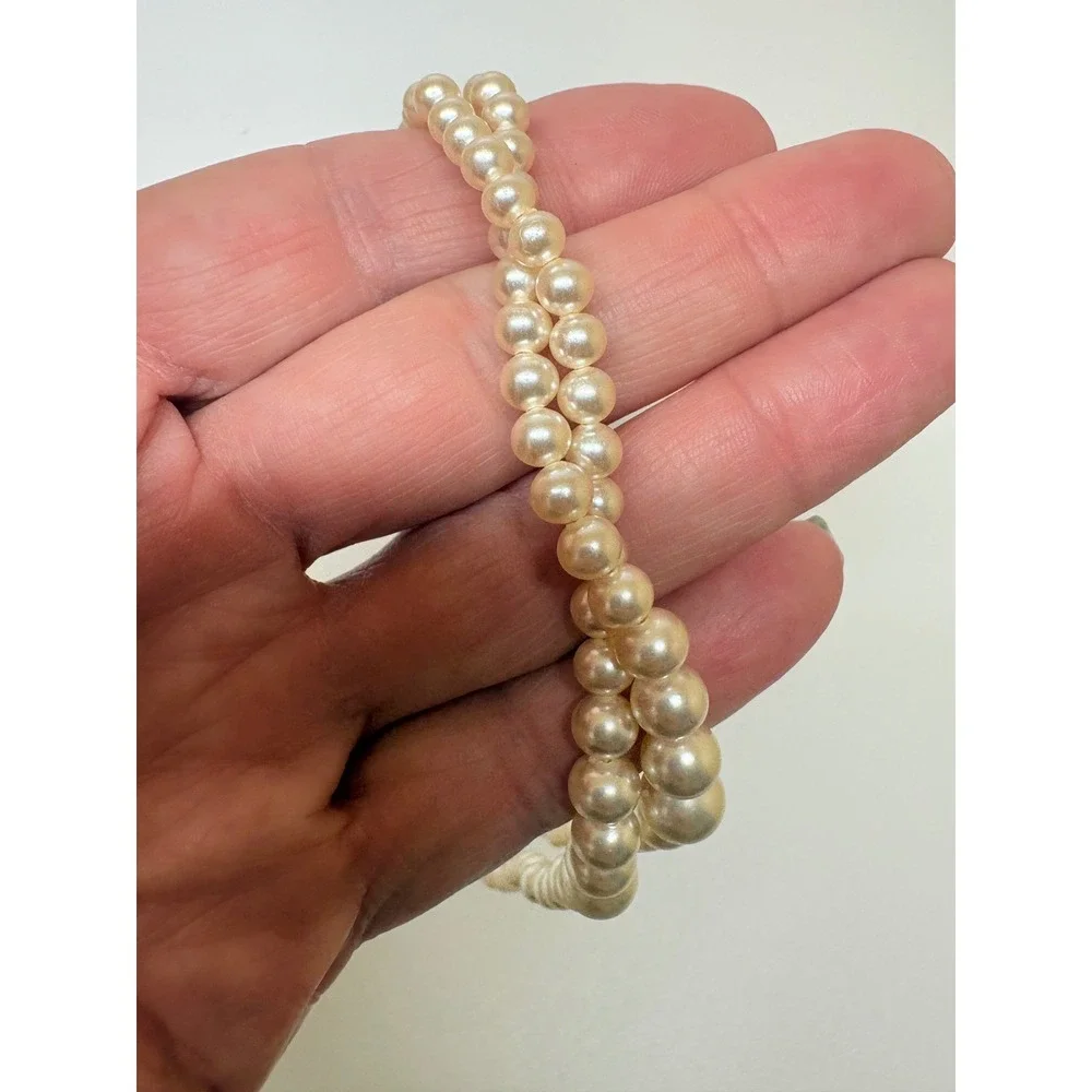 Vintage Double Strand Faux Pearl Necklace Art Deco Rhinestone Clasp Cream 16